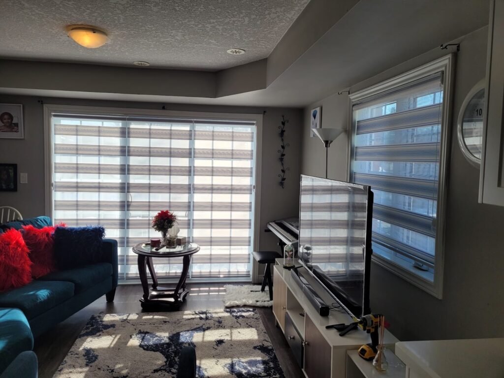 Zebra blinds in a living room with a navy sofa