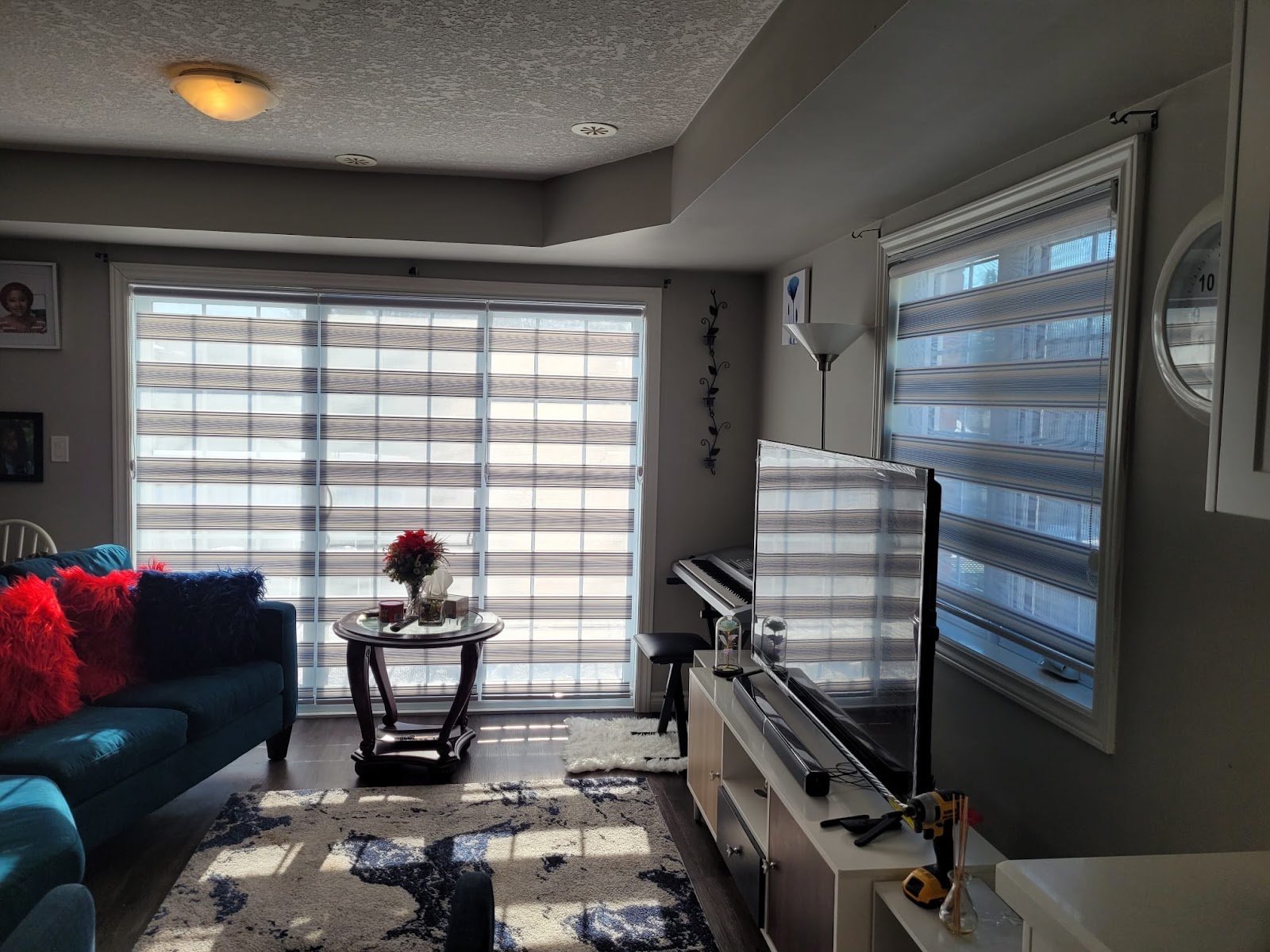 Zebra blinds in a living room with a navy sofa