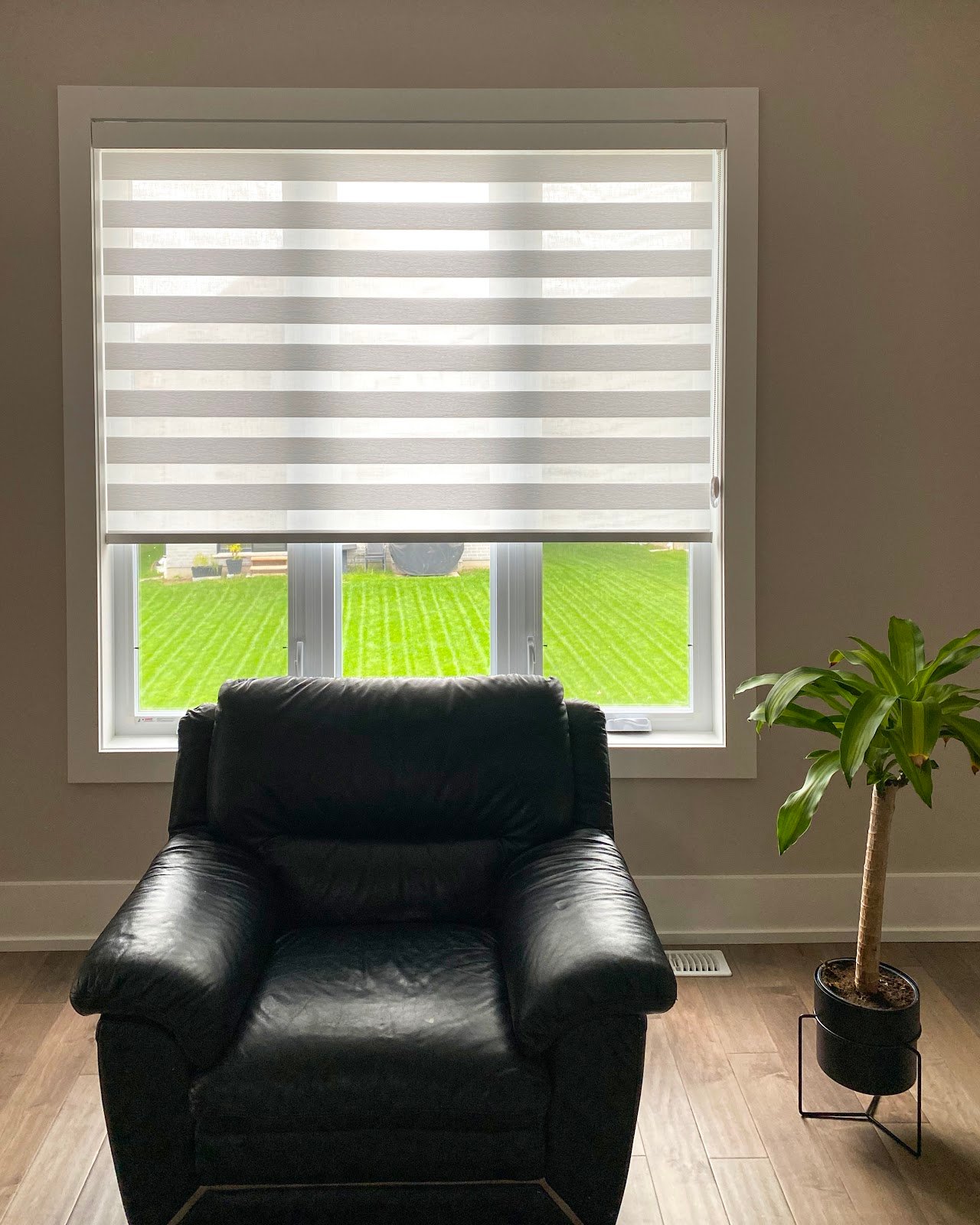 White zebra blind on a window above a black leather armchair