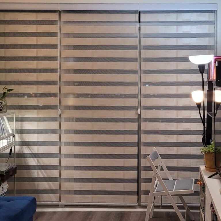 Zebra blinds on large living room windows