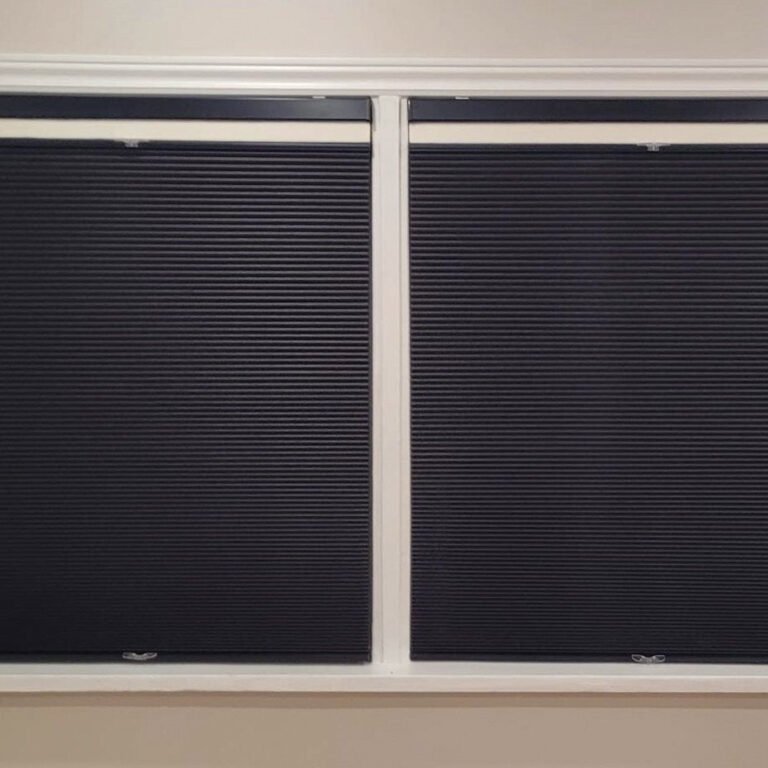 Dark blackout cellular shades on two windows