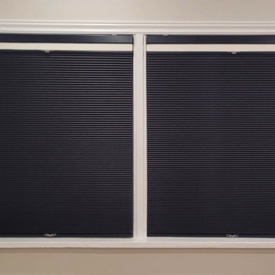 Dark blackout cellular shades on two windows