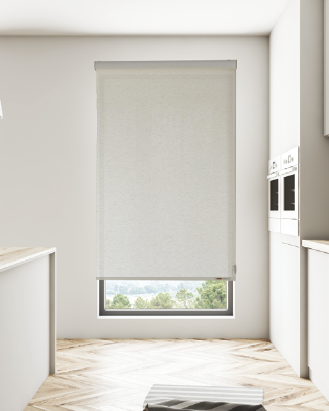 Grey Mugi roller shade in a minimalist room