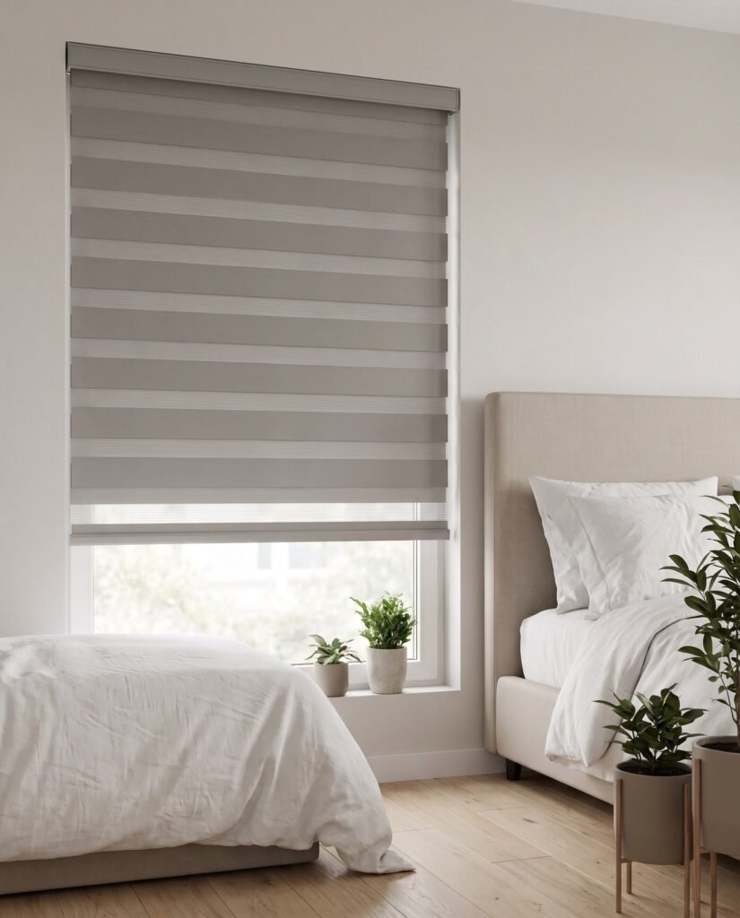 Grey zebra blind above a bed in a bright bedroom