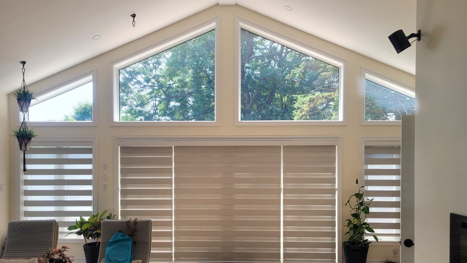 Zebra Blinds — vaulted great room installed by Cachet Blinds